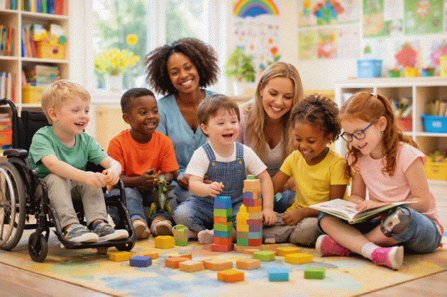 Auf dem Bild sitzt eine Gruppe kleiner Kinder gemeinsam mit zwei Erwachsenen in einem hellen, freundlichen Raum, der wie ein Kindergarten oder Klassenraum wirkt. Die Kinder sitzen auf dem Boden im Kreis und spielen mit bunten Bausteinen oder Spielmaterialien.<br><br>
Links sitzt ein Kind in einem Rollstuhl. In der Mitte lächeln mehrere Kinder und wirken beschäftigt und fröhlich. Zwei Erwachsene sitzen hinter bzw. zwischen den Kindern und begleiten die Gruppe. Im Hintergrund sind Regale mit Spielzeug und bunte Bilder oder Bastelarbeiten an der Wand zu sehen. Insgesamt vermittelt die Szene einen gemeinschaftlichen und inklusiven Eindruck.